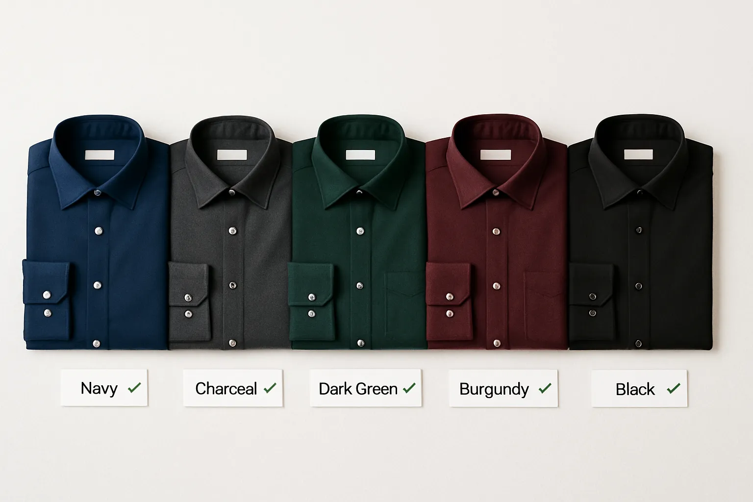 Cinco camisas de colores sólidos oscuros alineadas sobre un fondo claro como opciones de vestimenta