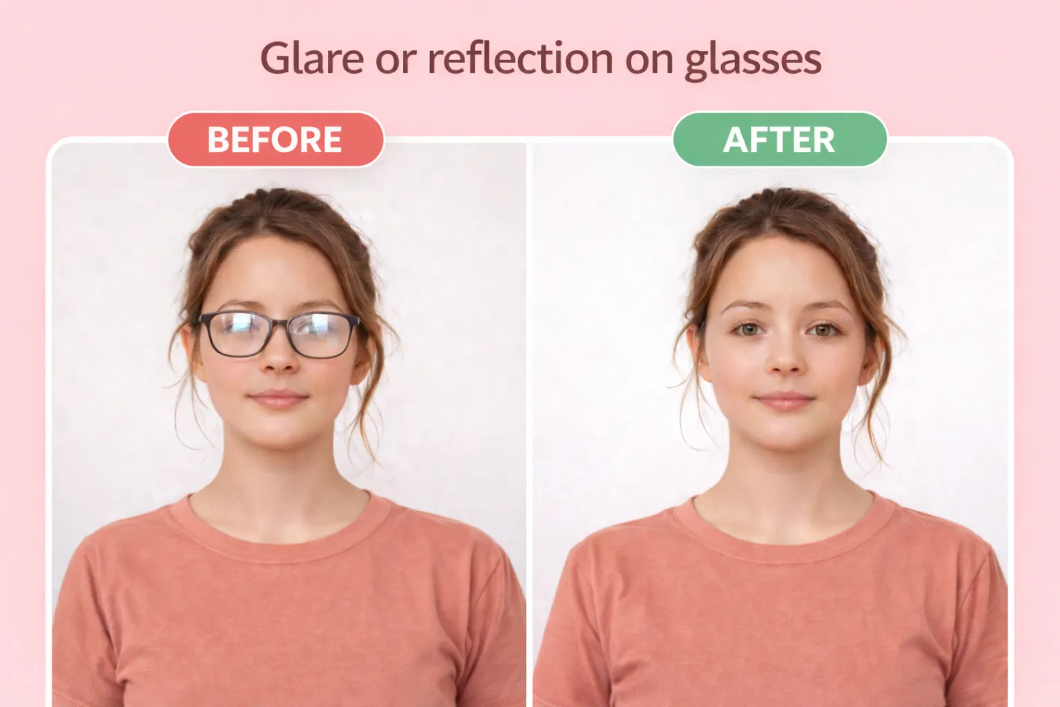 Passport photo with light reflecting off the glasses lenses