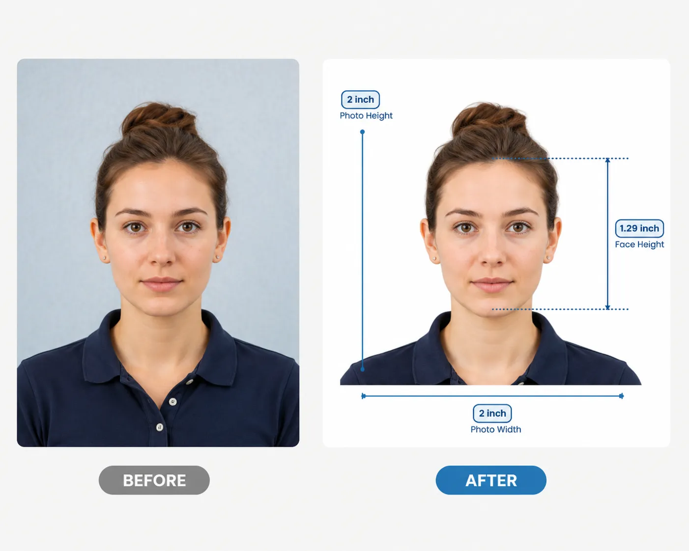 A casual selfie next to the same photo sized and framed to an official passport spec with the head-height measurements marked
