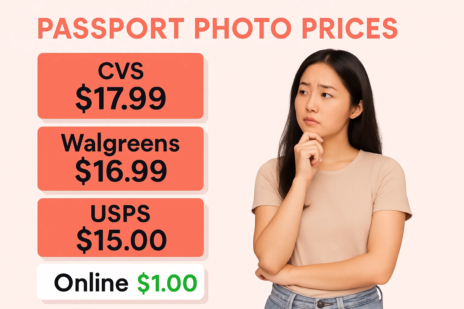 Passport photo price comparison infographic showing CVS, Walgreens, USPS and online prices