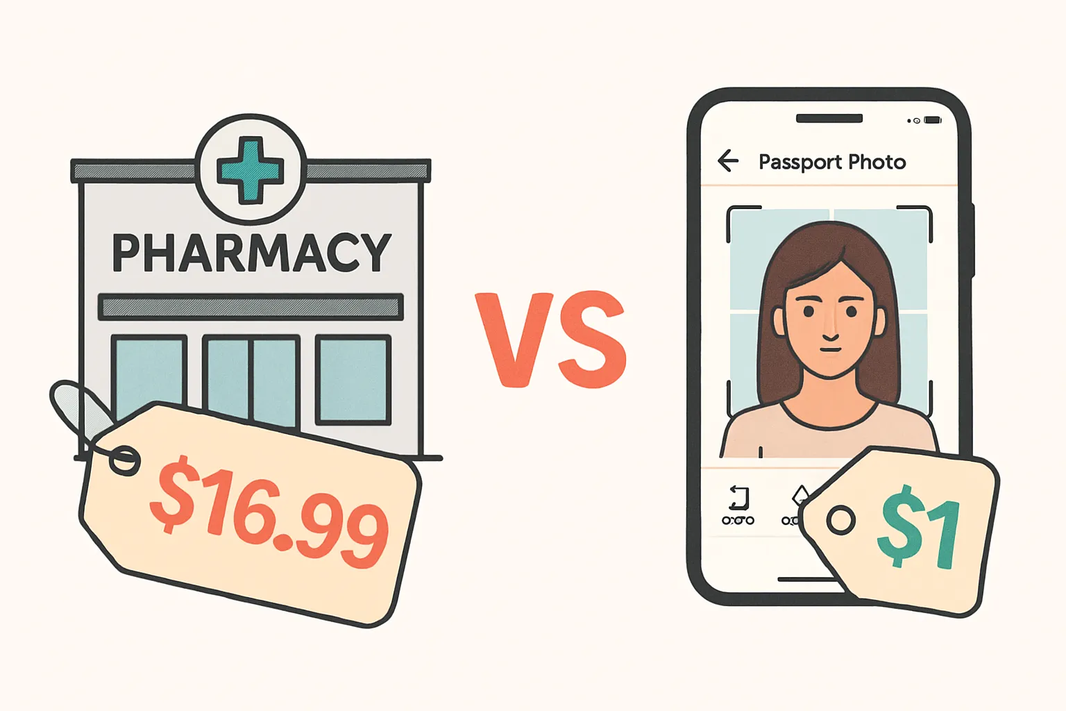 Ilustración de una farmacia con etiqueta de precio alto frente a un celular con etiqueta de un dólar