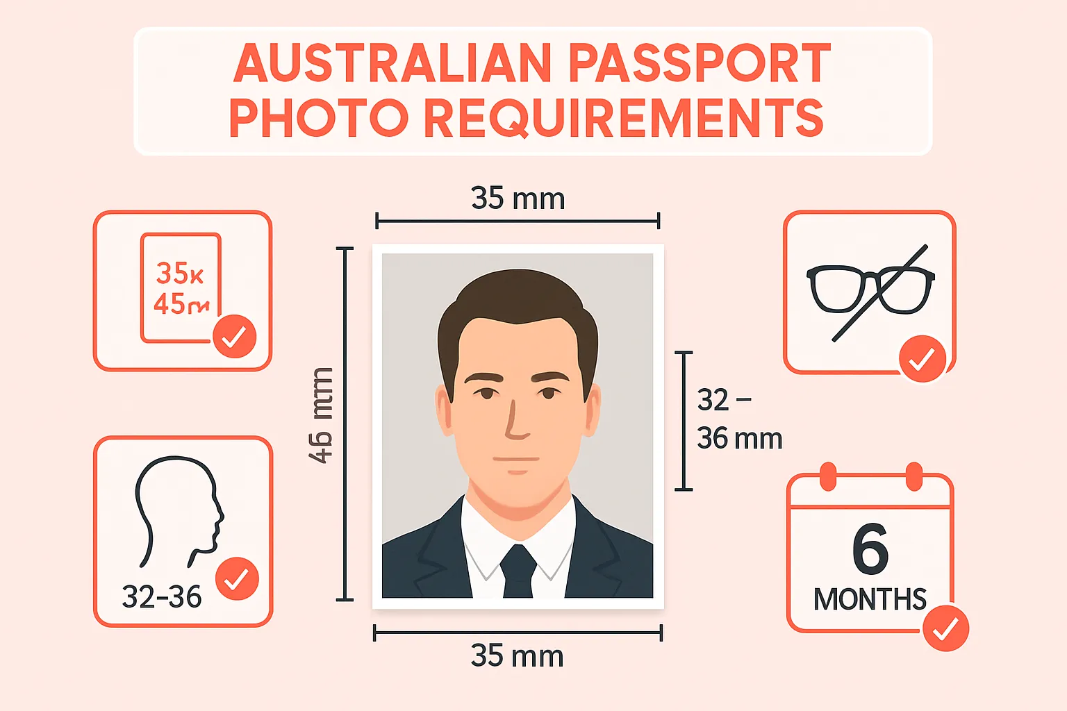 Australian passport photo requirements showing correct 35x45mm dimensions and specifications