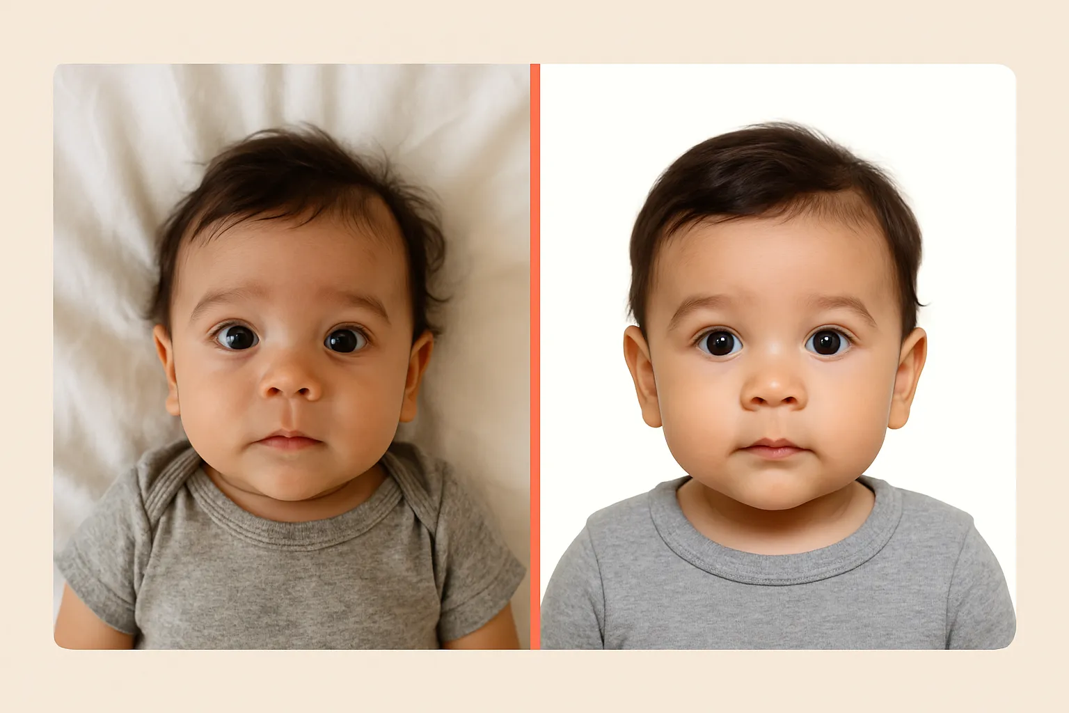 Foto de un bebé antes y después del recorte, con el fondo cambiado a blanco liso