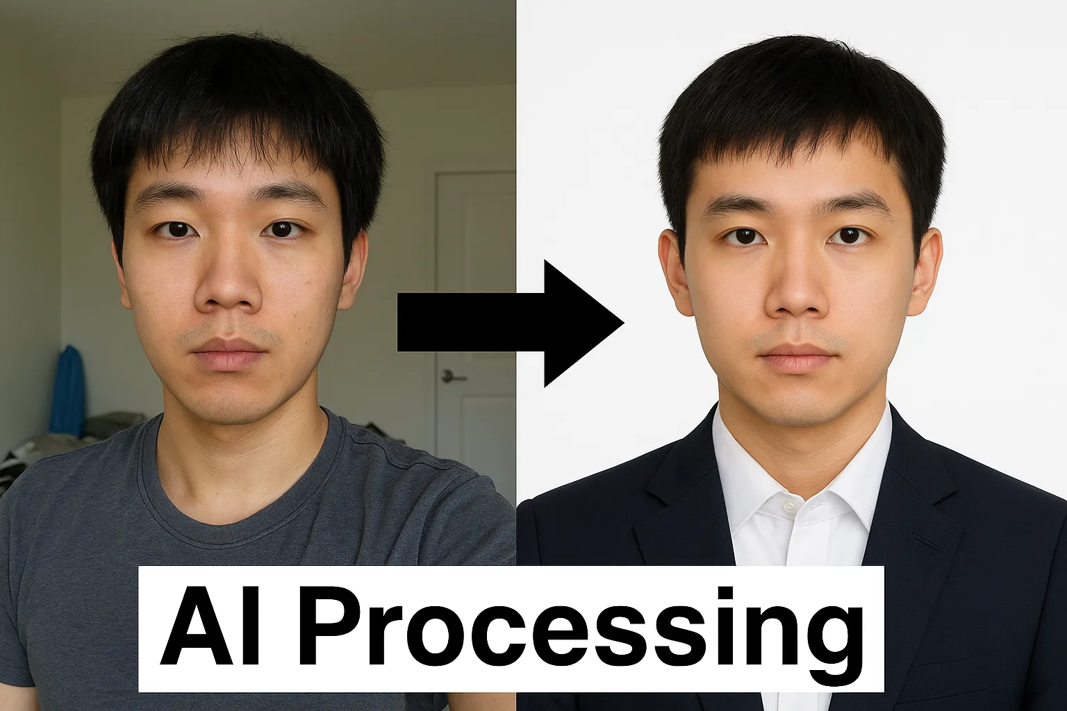 Before and after photo showing One Dollar Passport Photo's background removal and cropping