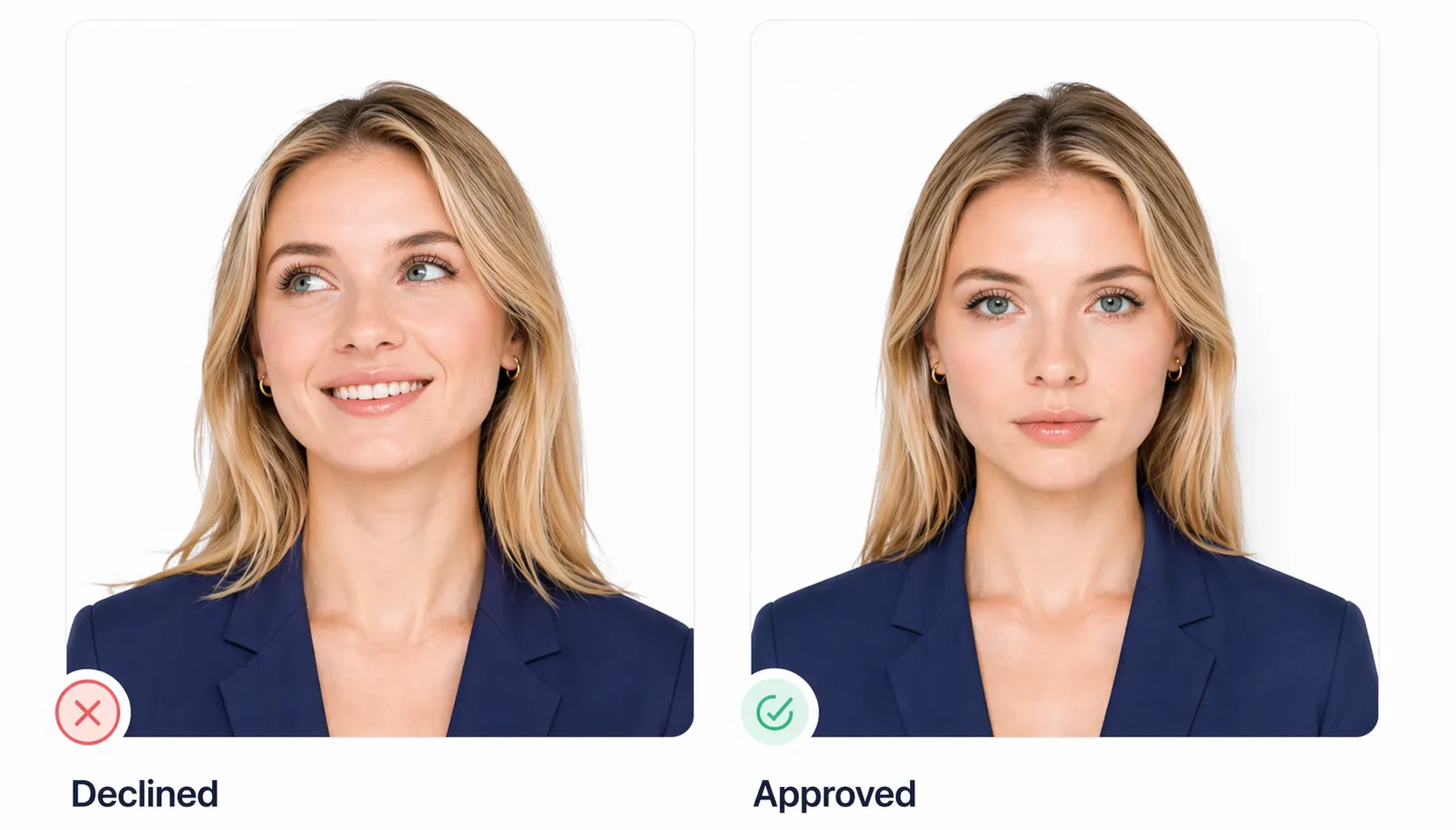 Correct pose and expression for a passport photo